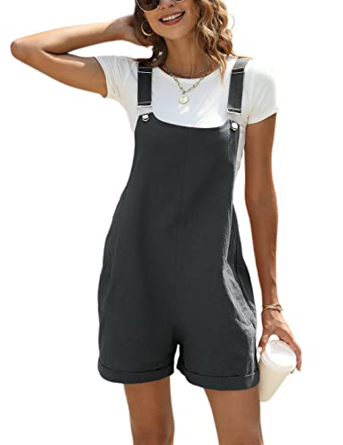 Ailoqing Damen Baumwolle Leinen Kurzer Overall Casual Sommer Trägerhose Strampler mit Taschen, Dunkelgrau, Medium von Ailoqing