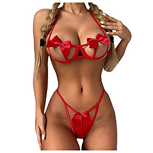 Ailovone Damen Sexy Dessous Set Mini Micro String Tanga UnterwäSche Frauen und Slip Set Schnürschuhe Halter Lingerie Push Up BH Unterwäsche Transparente Dessous Sets Reizwäsche von Ailovone