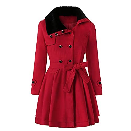 Ailovone Damen Wintermantel Wollmantel Elegant Doppelten Breasted Trenchcoat Damen Lange Warm Wintermantel Revers Kunstfell Mit GüRtel Winddichte Jacke Übergangsmantel von Ailovone