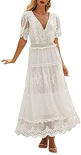 Ailovone Maxikleider Sommerkleid Damen Sommer Boho Blumen Kurzarm V-Ausschnitt Swing Midi Kleid Cocktailkleid Strandkleider Maxikleider mit Gürtel Damen Lose Elegant Casual A-Linie Kleid von Ailovone