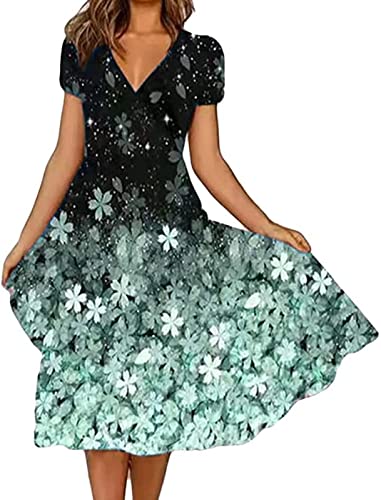 Ailovone Sommerkleid Damen Blumen High Waist Maxikleider Damen Boho Lange Kleid Blumen Kurzarm Retro Knielang Strandkleider Elegant Kragen Tunikakleider von Ailovone