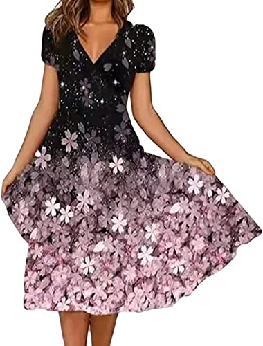 Ailovone Sommerkleid Damen Blumen High Waist Maxikleider Damen Boho Lange Kleid Blumen Kurzarm Retro Knielang Strandkleider Elegant Kragen Tunikakleider von Ailovone