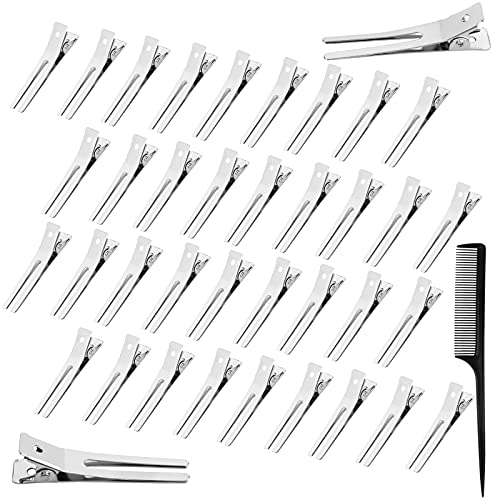 Ailvor 60 Stück EnteBill Haarspangen, Silber Friseur Haarclips, Metall Alligator Curl mit 1 Stück Kamm, Stahl-Haarclips für DIY Haarklammern Damen und Mädchen Basteln (1.77 Zoll) von Ailvor