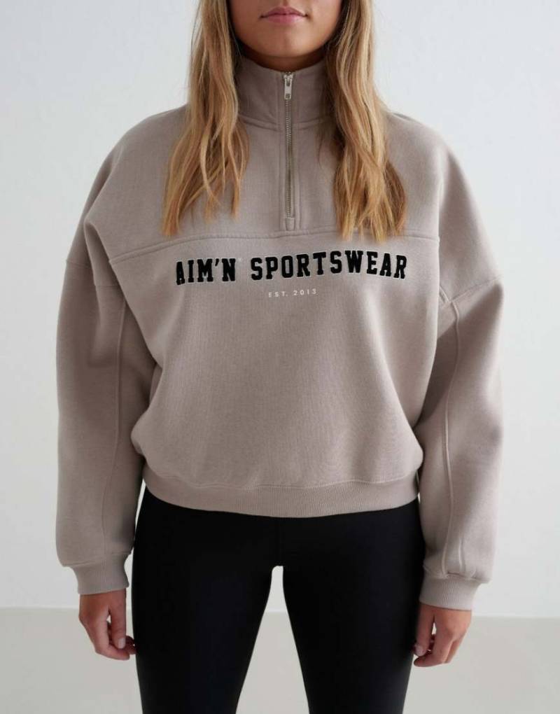 Aim'n - College-Sweatshirt in Lehm-Beige mit halblangem Reißverschluss-Neutral von Aim'n