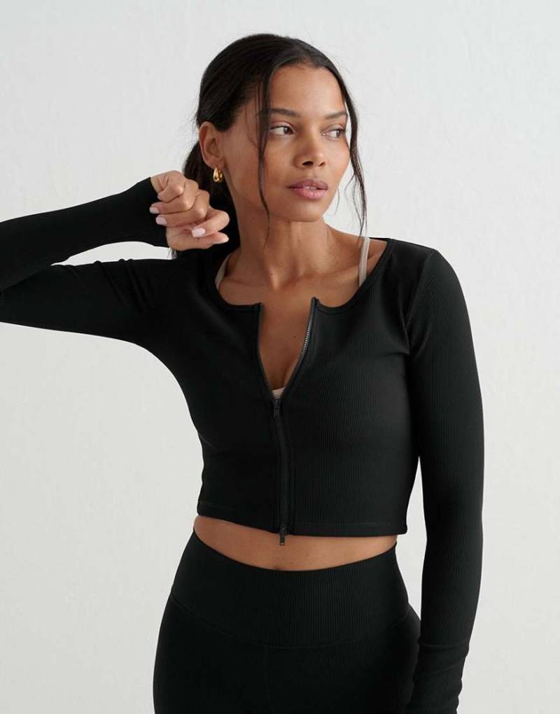 Aim'n - Gerippte Performance-Strickjacke mit Reißverschluss in Schwarz von Aim'n