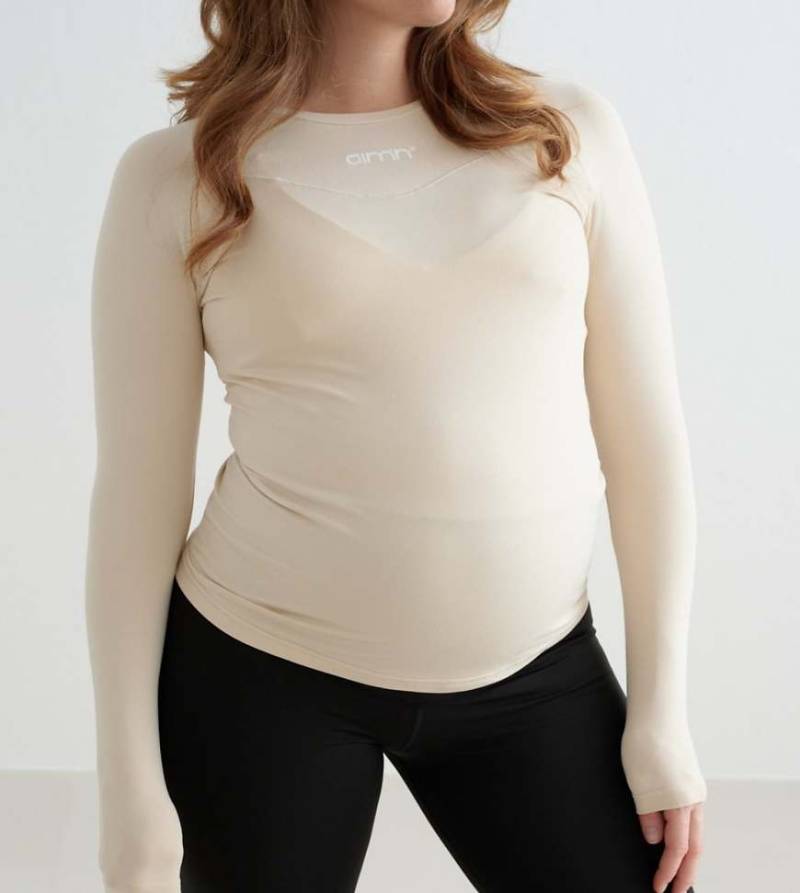 Aim'n - Weiches, langärmliges Basic-Shirt in Café-au-Lait-Beige, Umstandsmode-Neutral von Aim'n