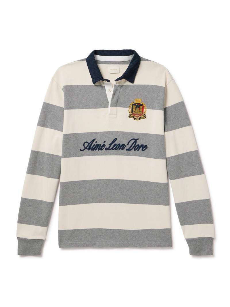 Aimé Leon Dore - Embroidered Logo-Flocked Corduroy-Trimmed Striped Cotton-Jersey Rugby Shirt - Men - Neutrals - L von Aimé Leon Dore