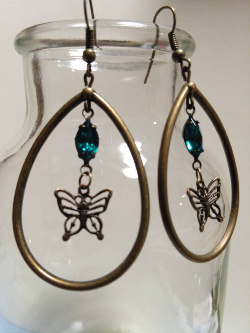 Ohrringe, Antike Bronze Dangle Tropfen Handgefertigt Mit Jahrgang Swarovski Kristallen Und Zierliche Schmetterling von AimeeGJewelry