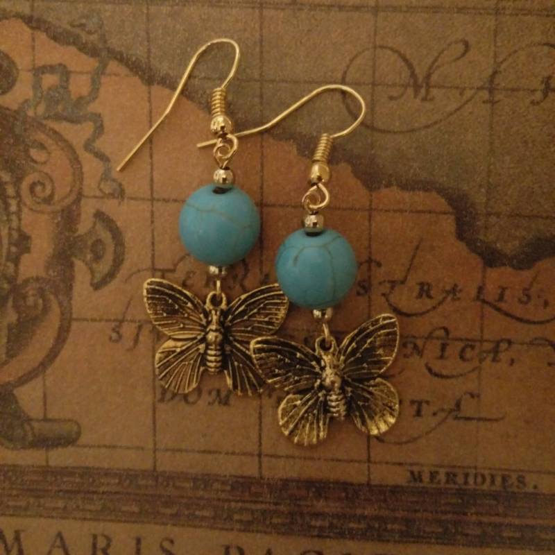 Ohrringe, Ohrringe Schmetterling, Schmetterling Gold Tropfen Mit Türkis Perlen Und Tone Ohrbügel Ohrringe, Ohrringe Schmetterling, Schmetterling Gold Tropfen Mit Türkis Perlen Und Tone Ohrbügel von AimeeGJewelry