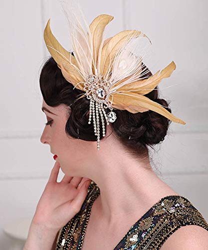 Aimimier 1920er Jahre Flapper Feder Haarspange Kristall Quaste brüllende 20er Jahre gelbe Feder Kopfschmuck Maskerade Haarschmuck für Damen und Mädchen von Aimimier