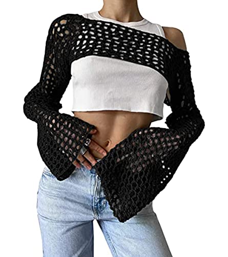 Aimiray Damen Sexy Mesh Crochet Crop Top Hollow Out Strand Cover Ups Durchsichtig Langarm Y2k Strickpullover Tees, Schwarz, Mittel Aimiray Damen Sexy Mesh Crochet Crop Top Hollow Out Strand Cover Ups Durchsichtig Langarm Y2k Strickpullover Tees, Schwarz, Mittel von Aimiray