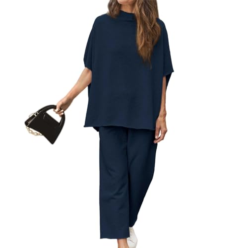 Ainangua Lässige zweiteilige Outfits für Damen, 3/4-Ärmel, Capelet, Rundhalsausschnitt, Pullover, Oberteil, weites Bein, Hose, Lounge-Sets, Sweatsuit, Marineblau, L von Ainangua