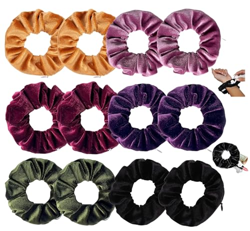 12 Stück Scrunchies, Haargummi mit Reißverschluss, Samt Weiche Haarbänder Mädchen Geldversteck Reise für Frauen Aufbewahrung Urlaub von Ainiers