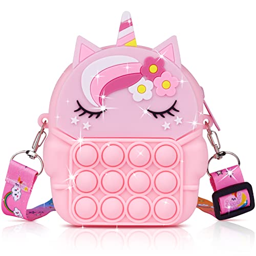 Ainiv Pop Push It Tasche Handtasche, Pop Tasche, 2 in 1 Fidget Toys Taschen Umhängetasche mit Längenverstellbarem Tragegurt, Einhorn Fidget, Anti Stress Spielzeug Schultertasche für Kinder (Rosa) von Ainiv