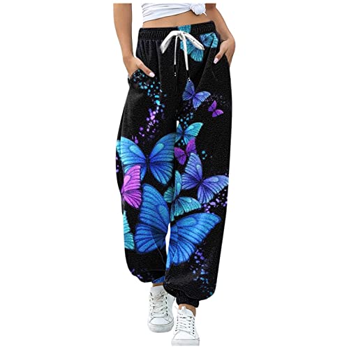 Ainiyo Jogginghose Damen Lang Freizeithose Sporthose Trainingshose Elegant Stoffhose Gefütterte Yogahose für Frauen Teenager Mädchen Damen Schmetterling Bedrucken Outdoor Taschen Sweatpant Streetwear von Ainiyo