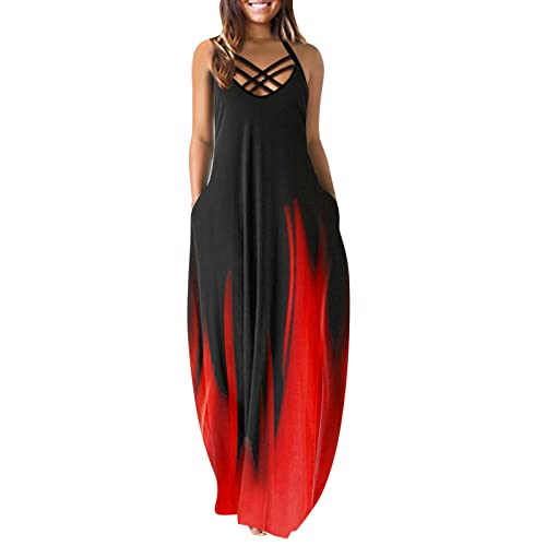 Ainiyo Maxikleid Damen Sommer Sommerkleid Damen Lang Spaghettiträger Ärmelloses Kleid Maxi Strandkleid Freizeitkleid Maxi Shirtkleid Lang mit Taschen von Ainiyo