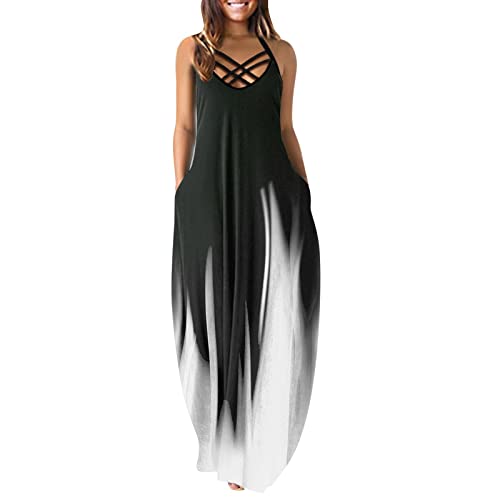 Ainiyo Maxikleid Damen Sommer Sommerkleid Damen Lang Spaghettiträger Ärmelloses Kleid Maxi Strandkleid Freizeitkleid Maxi Shirtkleid Lang mit Taschen von Ainiyo