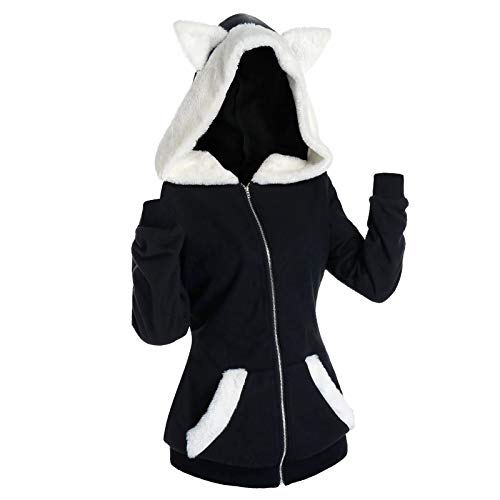 Damen Kawaii Kleidung Cat Ears Black Hoodie Pulli Dunkle Gotik Kapuzenpullover Langarm Sweatshirt Hollow Out Gothic Punk Oberteil Femboy Clothes Herbst und Winter Bluse Köln Karneval Partykleidung von Ainiyo