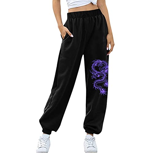 Schwarz Jogginghose Damen Lang Freizeithose Sporthose Trainingshose Elegant Stoffhose Gefütterte Yogahose für Frauen Teenager Mädchen Damen Vintage Drachen Bedrucken Outdoor Taschen Sweatpant von Ainiyo