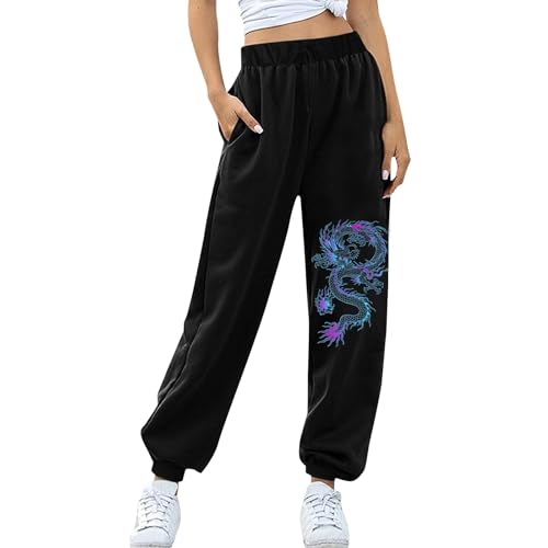 Weihnachten Jogginghose Damen Lang Freizeithose Sporthose Trainingshose Elegant Stoffhose Gefütterte Yogahose für Frauen Teenager Mädchen Damen Vintage Drachen Bedrucken Outdoor Taschen Sweatpant von Ainiyo