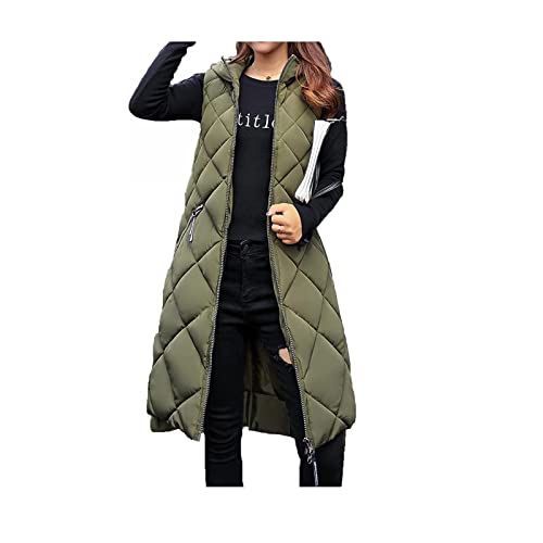 Weste Damen Lang Daunenweste Damen Lang Wintermantel Vest mit Kapuze Weste Mantel Ärmellose Warmer Daunenmantel mit Taschen Steppweste Damen Daunenjacke Steppjacke Outdoor Lange Outwear Winterjacke von Ainiyo