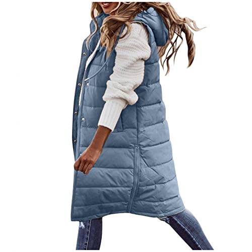 Weste Damen Lang Daunenweste Damen Lang Wintermantel Vest mit Kapuze Weste Mantel Ärmellose Warmer Daunenmantel mit Taschen Steppweste Damen Daunenjacke Steppjacke Outdoor Lange Outwear Winterjacke von Ainiyo