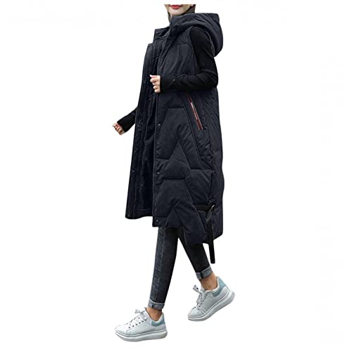 Weste Damen Lang Daunenweste Damen Lang Wintermantel Vest mit Kapuze Weste Mantel Ärmellose Warmer Daunenmantel mit Taschen Steppweste Damen Daunenjacke Steppjacke Outdoor Outwear Winterjacke Schwarz von Ainiyo