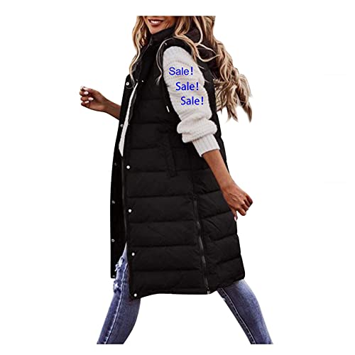Weste Damen Lang Daunenweste Damen Lang Wintermantel Vest mit Kapuze Weste Mantel Ärmellose Warmer Daunenmantel mit Taschen Steppweste Damen Daunenjacke Steppjacke Outdoor Outwear Winterjacke Schwarz von Ainiyo