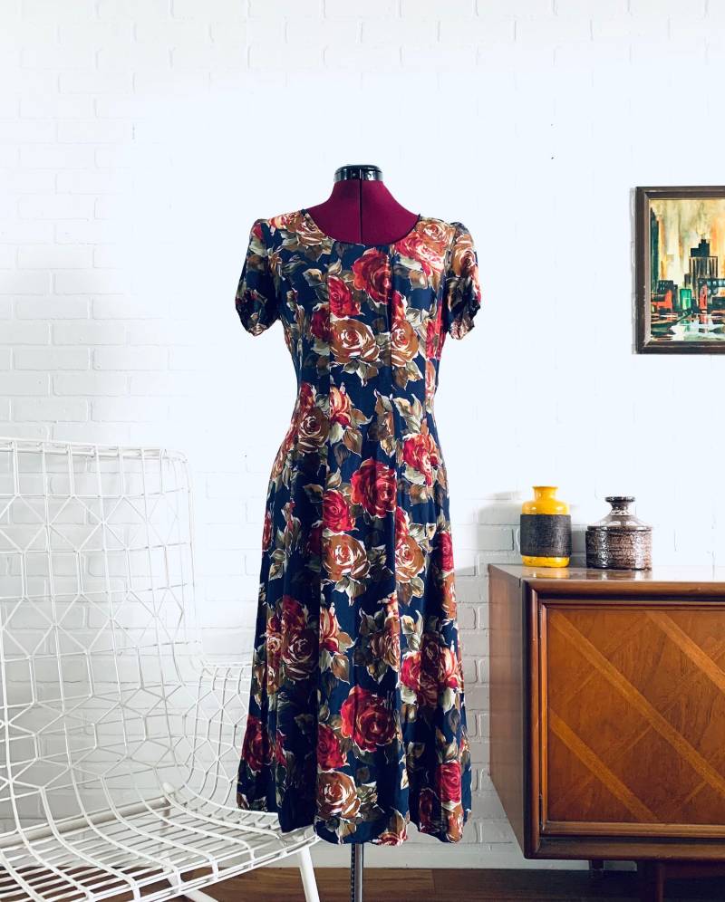 90Er Jahre Kleid Herbst Floral Rayon Made in Us Vonjonathan Martin Größe 9/10 M L von AintWeSwank