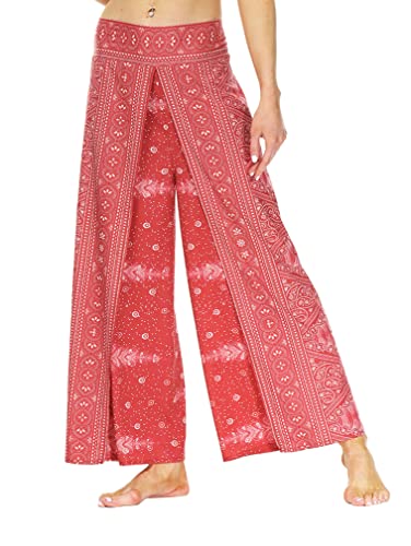 Ainuno Boho Pants Palazzo Hose mit weitem Bein mit Schlitzen für Frauen fließende Hippie-Hose dünn, rot, Large-X-Large von Ainuno