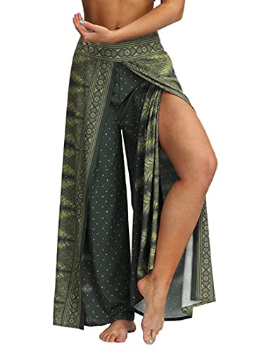 Ainuno Boho Pants Wide Leg Palazzo Hose mit Schlitzen für Damen Flowy Hippie Dünn - Grün - S/M von Ainuno