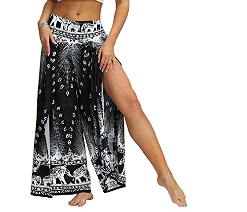 Ainuno Boho Pants Wide Leg Palazzo Pants with Slits for Women Flowy Hippie Pants Thin, Schwarze Feder, S/M von Ainuno