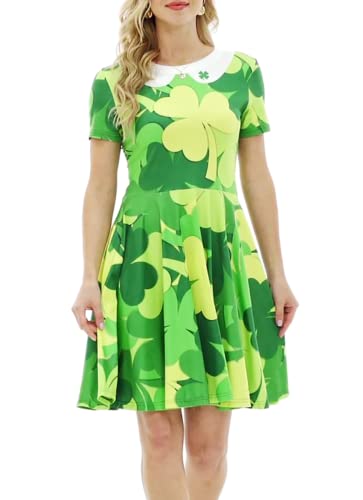 Ainuno St Patricks Day Kleider für Damen Kleeblattkleid Grün Irish Outfits Kurzarm Kleeblatt Kleid, Lucky Kleeblatt, S/M von Ainuno