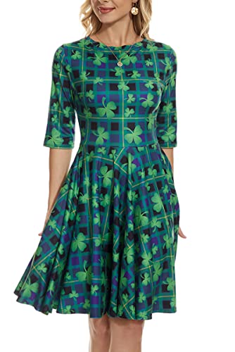 Ainuno St Patricks Day Kleider für Damen Kleeblattkleid Grün Irish Outfits Kurzarm Kleeblatt Kleid, Plaid Kleeblatt, Groß von Ainuno