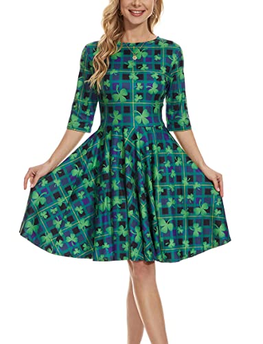 Ainuno St. Patricks Day Kleider für Damen, Kleeblatt-Kleid, grün, irische Outfits, kurzärmelig, Kleeblatt-Kleid, Kariertes Kleeblatt, L/XL von Ainuno