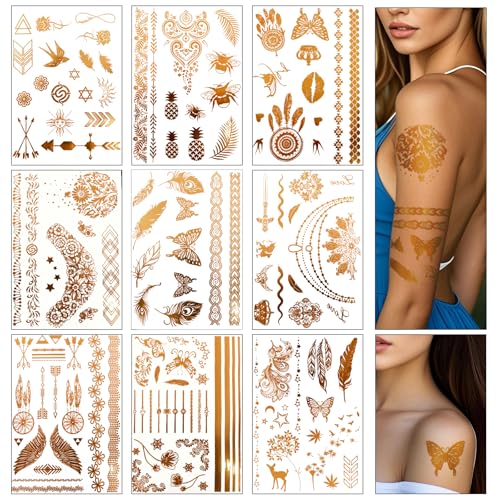 9 Blatt 170+ Gold Flash Temporäre Tattoos, Fake Tattoos Metallic Festival Tattoos zum Aufkleben Auf Die Haut Klebetattoos Erwachsene, Tattoos Zum Arm Gesichtstattoo für Fraue Männer Kinder von Ainvliya