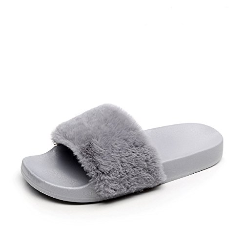 APIKA Damen Flip Flop Kunstpelz Slipper Fuzzy Fluffy Comfy Sliders Offene Zehe(37 EU grau) von AioTio