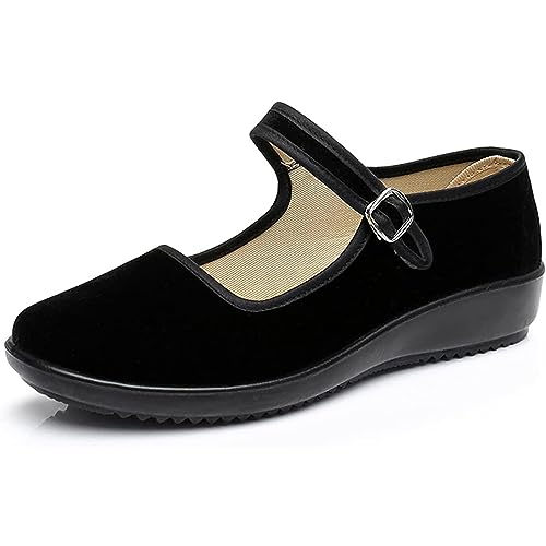 AioTio Samt Mary Jane Schuhe Damen Schwarz Ballerinas Damen Elegant Flache Schuhe Old Peking Stoff Schuhe Weicher Rutschfester Gummisohle Chinaschuhe mit Bequemem Baumwollfutter - 38 EU von AioTio