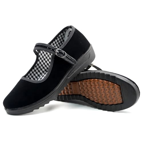 AioTio Damen Samt Mary Jane Schuhe Old Peking Stoffschuhe Tanzschuhe mit Einstellbarer Dichtheit, Schwarz Plaid , 37.5 EU von AioTio