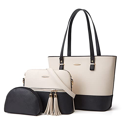 AioTio Damen Groß Handtaschen Set: Schultertasche Umhängetasche Tasche Damen Shopper Tote Taschen PU Leder Handtasche 3-teiliges Set Geschenke für Frauen (3pcs Set, Weiß Schwarz) von AioTio
