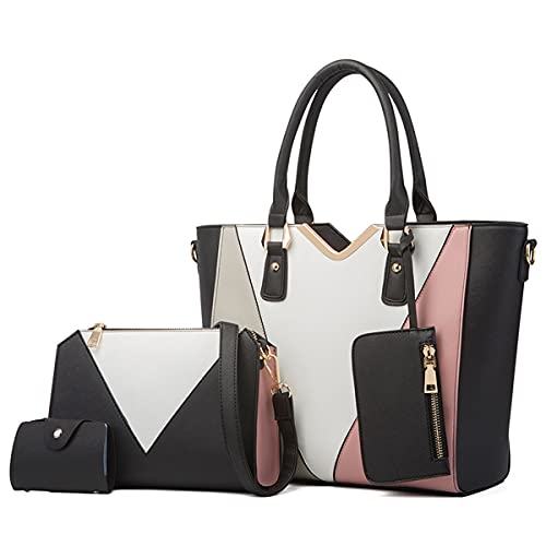 AioTio Handtasche Damen Groß Handtaschen Set Schultertasche Umhängetasche Tasche Damen Shopper Tote Taschen PU Leder Handtasche 4-teiliges Set Geschenke für Frauen(4pcs Set, Schwarz A) von AioTio