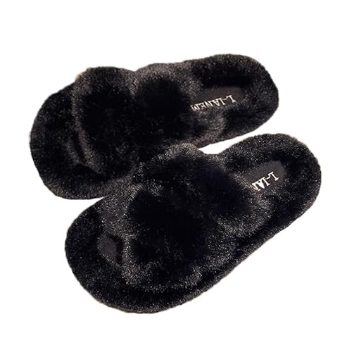 AioTio Hausschuhe Damen Plüsch Bequem Memory-Schaum Hausschuhe Schlafzimmer Flauschig Slide-Schuhe Rutschfeste Hausschuhe Damen für Drinnen(Schwarz,37EU) von AioTio