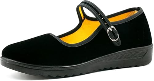 AioTio Mary Jane Schuhe Damen Samt Schwarz Ballerinas Damen Elegant Flache Schuhe Weicher Rutschfester Gummisohle Schuhe mit Bequemem Baumwollfutter(39 EU,245mm) von AioTio