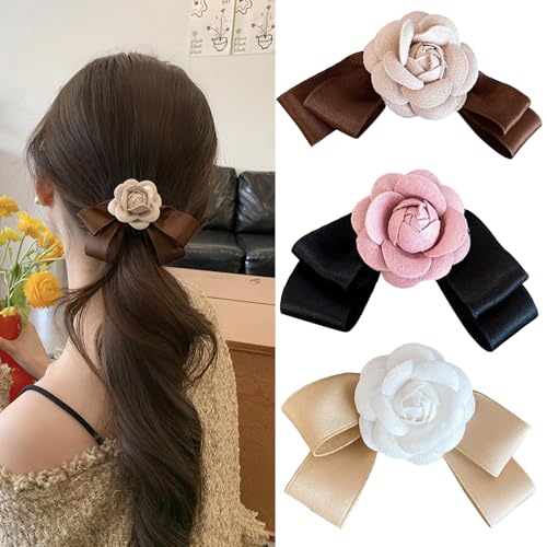 Blumen Haarklammer,Aipeeo 3 Stück Schleifen Haarspangen Kamelie,Klein,Haarspangen für Frauen,Blumen Haarschmuck für Damen Haarspange Blume Geeignet für Partys,Geburtstage,Feste(Braun Rosa Weiße) von Aipeeo