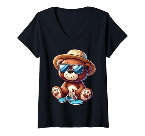 Damen Summer Vibes Teddybär – Perfekter Sommerdruck T-Shirt mit V-Ausschnitt Damen Summer Vibes Teddybär – Perfekter Sommerdruck T-Shirt mit V-Ausschnitt von AirBear