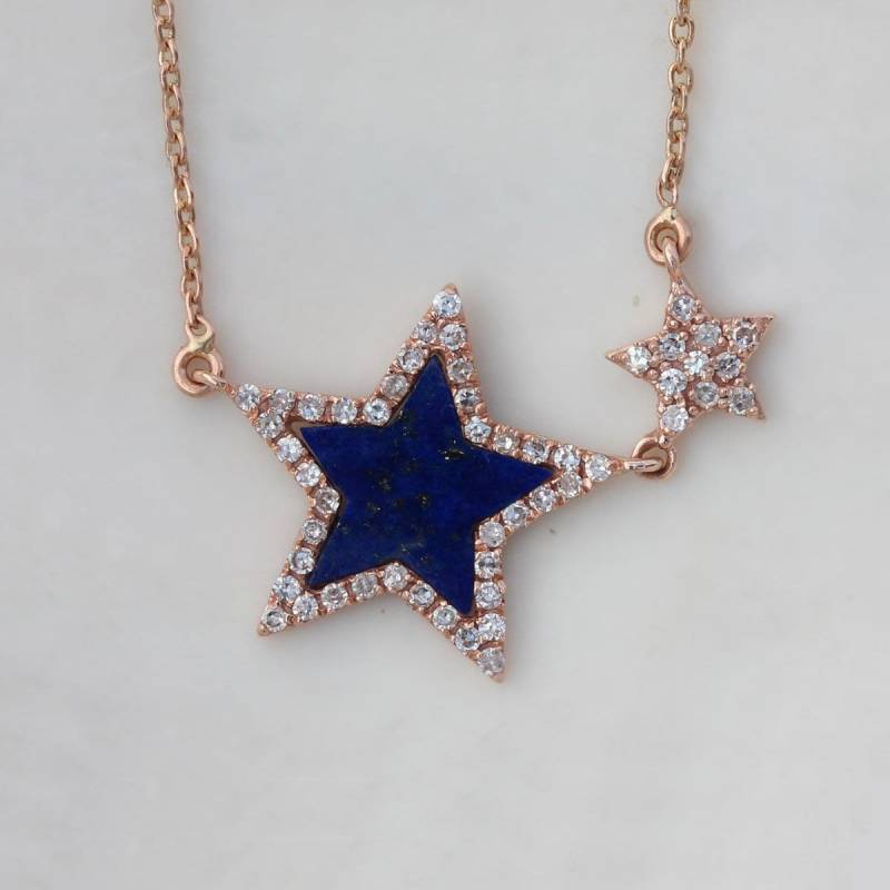 Diamant Lapis Doppel Stern Anhänger Halskette, 14K Rose Gold, Handgemacht von AiraJoyas