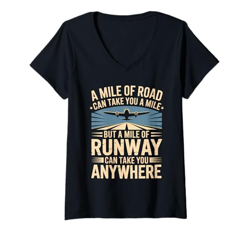 Damen Eine Meile Landebahnflugzeug Pilot Flight School Aviation T-Shirt mit V-Ausschnitt von Aircraft Pilot Art Airplane Pilot Gifts