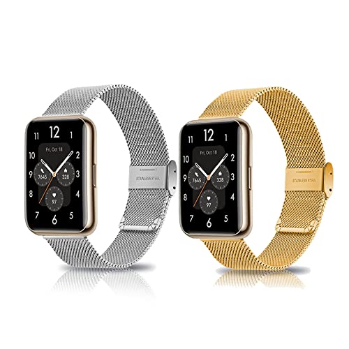 2 Stück Metall Armband Kompatibel mit Huawei Watch Fit 2 Armband Edelstahl Mesh Ersatzband Für Herren Damen Für Huawei Watch Fit 2 (Gold+Silber) von AireWiki