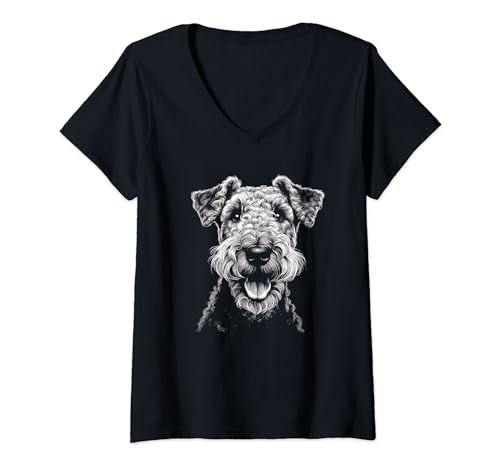 Damen Airedale Terrier Dog Face Art Design für Frauen und Männer T-Shirt mit V-Ausschnitt von Airedale-Terrier-Liebhaber-Themendesigns