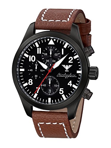 Airleader Black Steel Chronograph KHS.AIRBSC.LB5 Edelstahl IP-beschichtet schwarz, Büffel-Lederband braun, KHS Tactical Watch, Einsatzuhr, Fliegeruhr von KHS